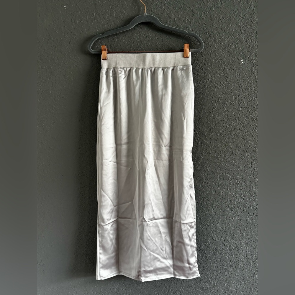Satin Slip Light Gray Midi Skirt